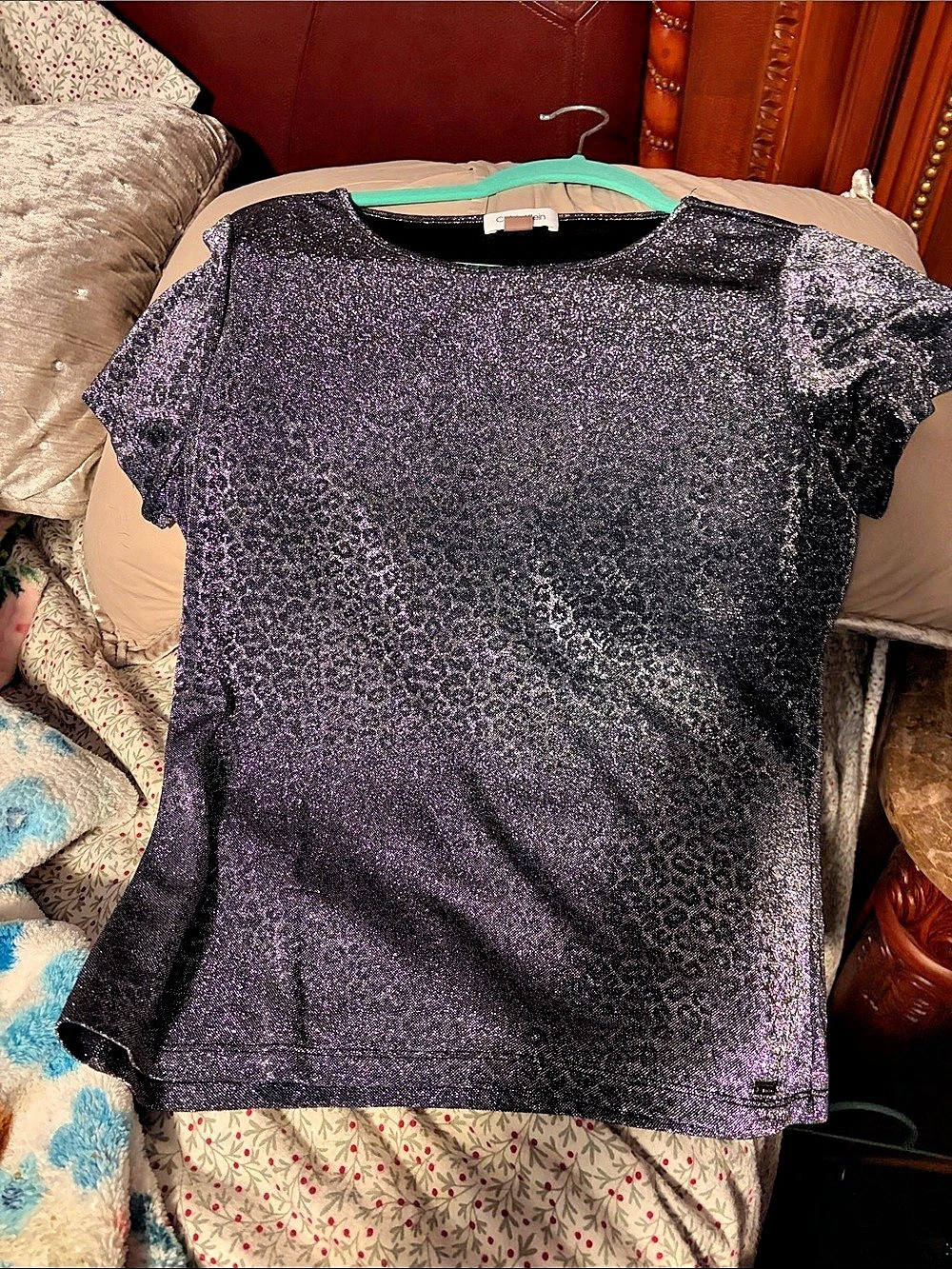 Calvin Klein Metallic Short Sleeve Top in Purple & Black Like New